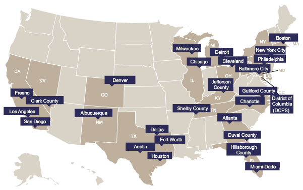 In 2017, twenty-seven districts participated in the TUDA program: Albuquerque, Atlanta, Austin, Baltimore City, Boston, Charlotte, Chicago, Clark County (NV), Cleveland, Dallas, Denver, Detroit, District of Columbia (DCPS), Duval County (FL), Fort Worth, Fresno, Guilford County (NC), Hillsborough County (FL), Houston, Jefferson County (KY), Los Angeles, Miami-Dade (FL), Milwaukee, New York City, Philadelphia, San Diego, Shelby County (TN)