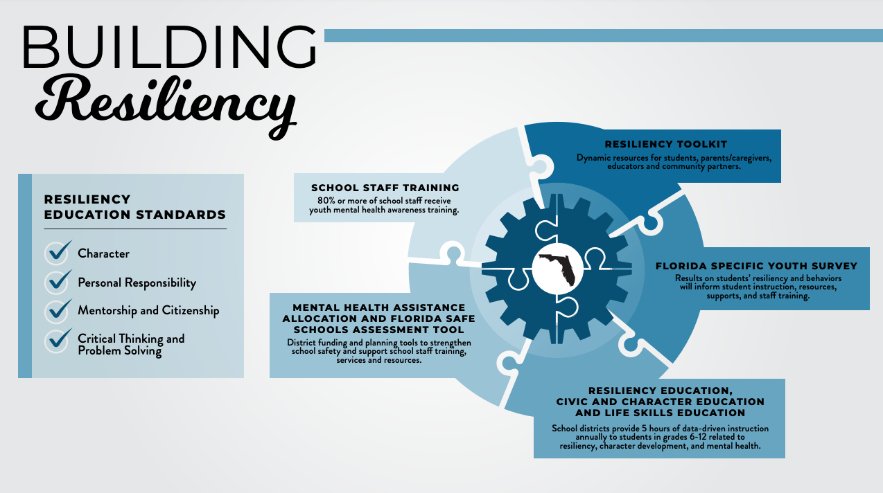 Building Resiliency - Resiliency Education Standards: Character, Personal responsibility, Mentorship and Citizenship, Critical thinking and Problem Solving. Resiliency toolkit: Dynamic resources for students, parents/caregivers, educators and community partners. Florida specific youth survey: Results on students' resiliency and behaviors will inform student instruction, resources, supports, and staff training. Resiliency education, civic and character education and life skills education: school districts provide 5 hours of data-driven instruction annually to students in grades 6-12 related to resiliency, character development, and mental health. Mental health assistance allocation and Florida safe schools assessment took: District funding and planning tools to strengthen school safety and support school staff training, services and resources. School staff training: 80% or more of school staff receive youth mental health awareness training.