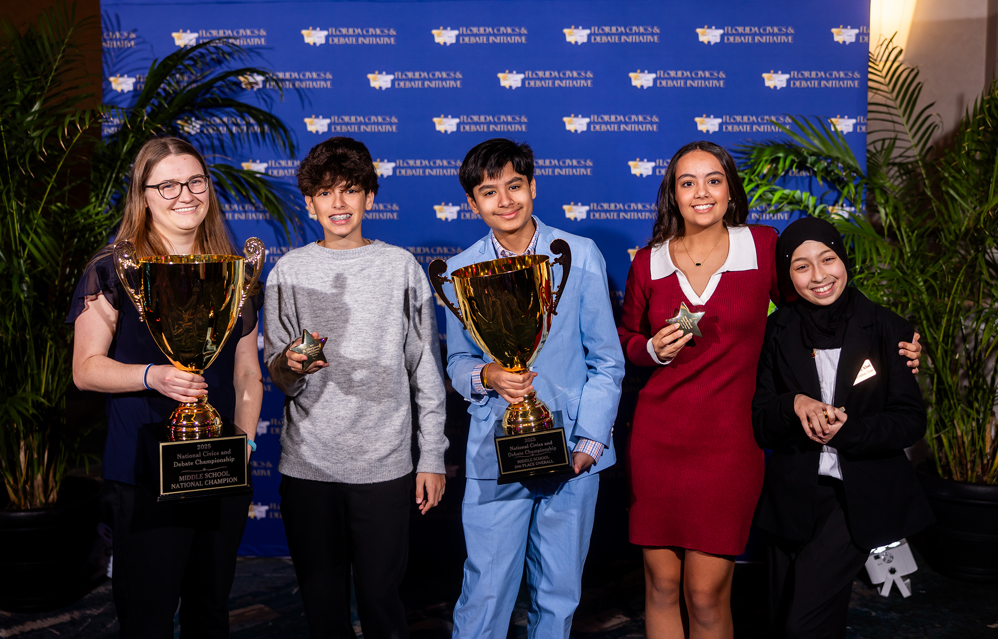 Top Five Middle School Overall (Aryana Sahai - 1st - Coach standing in, Nathan Moronta - 5th, Armaan Seth - 2nd, Lara Castineyra - 3rd, Sara Khial - 4th) 